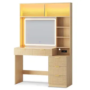 Fluted Makeup Vanity with Sync Music LED Lights and Glass Top Natural Oak