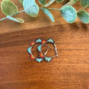Small Handmade Beaded Earrings with Vibrant Turquoise and Orange Accents for Stylish Accessory