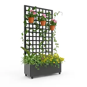 Metal Planter Box, with Square Lattice Trellis Planter Box, for Climbing Plants and Vines, Galvanized Raised Garden Bed On Wheels, Garden Bed with Trellis(72 in x47 in Black)