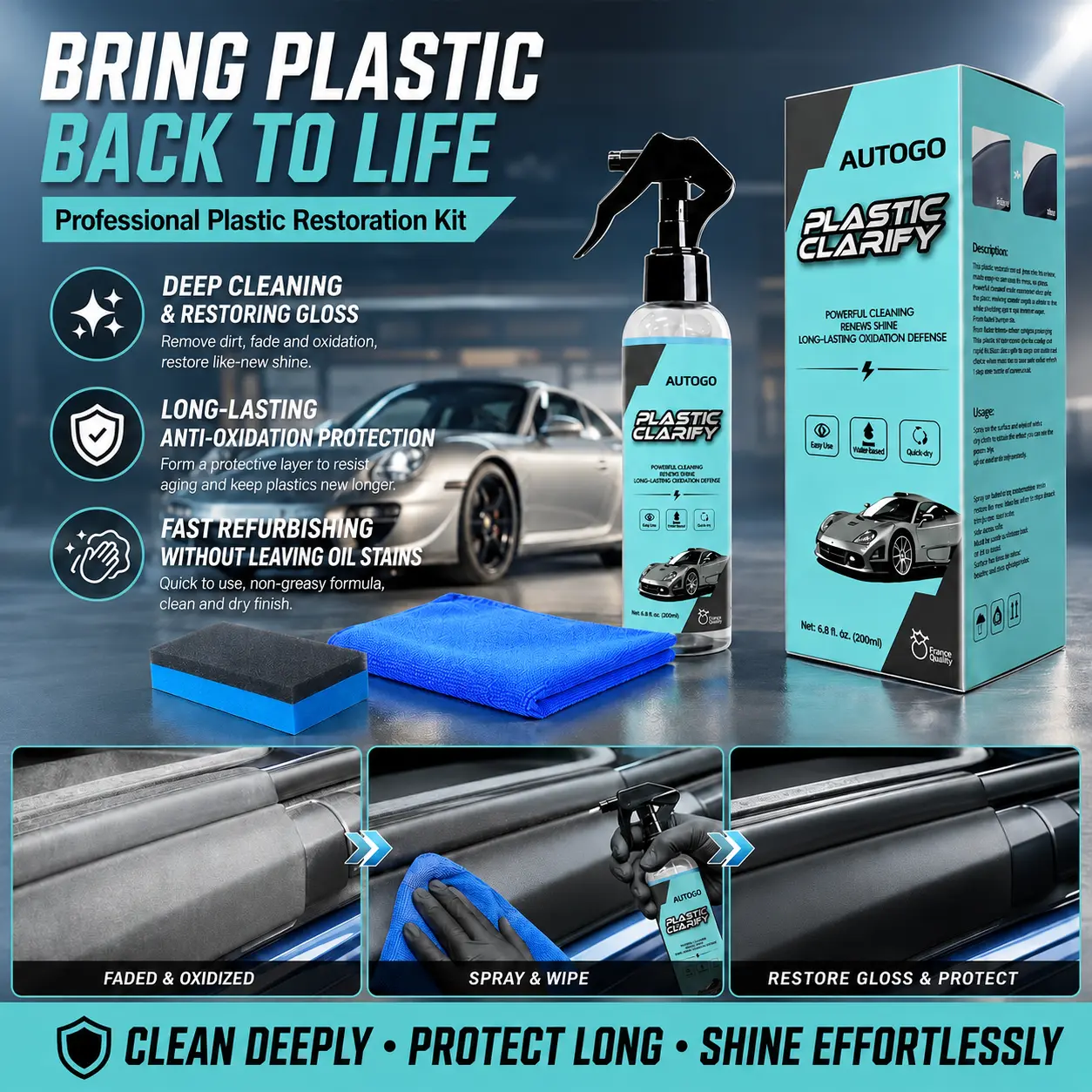 AUTOGO Waterless Spray Wax Bottle, Automotive Interior Detailer, Leather Cleaner, Rubber & Plastic Surface Protector, Delivers Long-Lasting Ceramic Coating Shine, Restores Interior Finish, Premium DIY Auto Detailing & Car Care Solution
