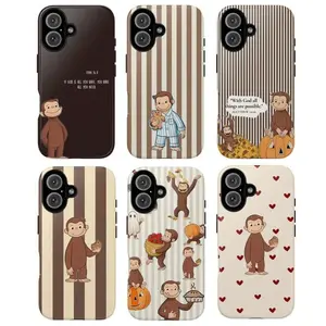 Cute Monkey Curious George Tough Phone Case, Brown Striped & Heart Pattern. Ideal Winter Lover Gift, Stocking Stuffer for Him Her. Compatible with iPhone 11, 12, 13, 14, 15, 16, 17 Pro Max Plus.