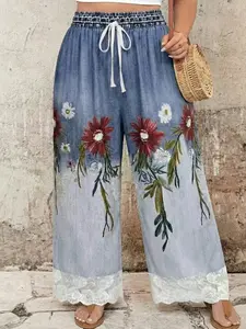Plus Size Women's Printed Loose Fit Casual Pants, Summer Lace Trim Elastic Waist Tie Pockets Wide Leg Design, Comfortable Fashion for Daily Wear