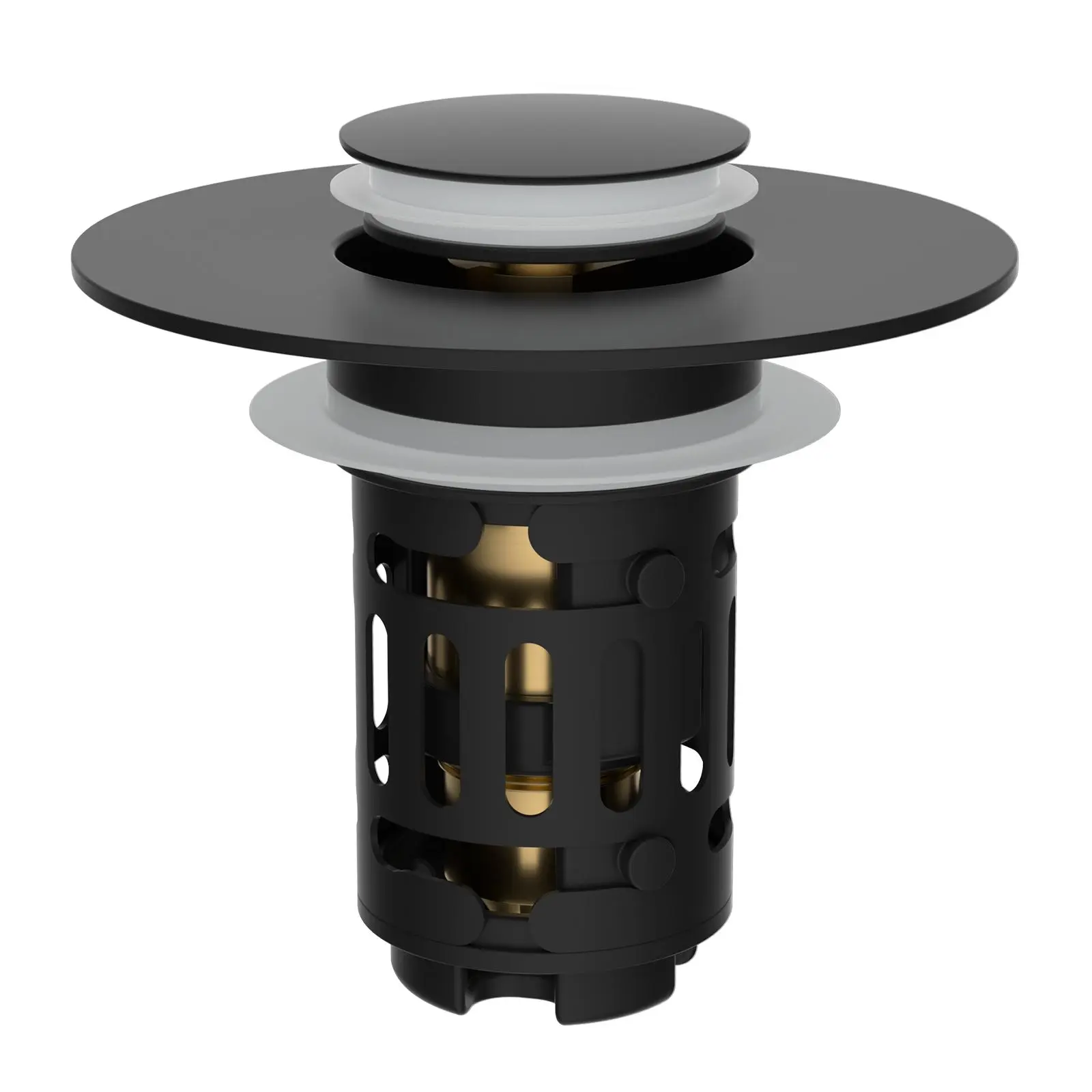 Hibbent Upgraded 3-in-1 Bathroom Sink Drain Strainer with Adjustable Universal Pop-Up Stopper, Removable Stainless Steel Filter Basket Hair Catcher, Brass Bullet Core Sink Plug for 1.1"-2.36" Basins (Matte Black, Brushed Gold, Chrome Options), Drain Plug,