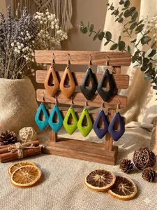Women's Earrings Set, Colorful Geometric Rhombus Hollow Out Wood Earrings, Bohemian Ethnic Style, Daily Wear, Holiday Gifts