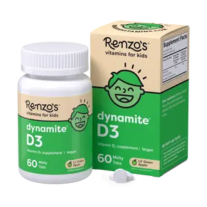 Renzo's Vitamins Dynamite D3 Kids' Dietary Vegan Vitamin Supplement for Bone Health - 60 Melty Tabs, Sugar Free, Gluten Free