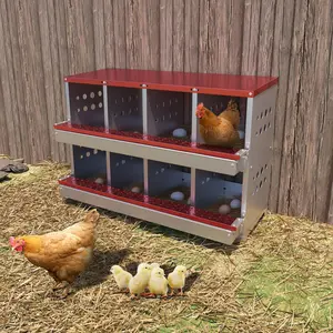 Red Chicken Nesting Boxes, 8 Compartment Metal Chicken Laying Box with Roll Out Egg Collection, Waterproof & Rustproof Laying Boxes for Hens Chickens, Ventilation & Perch