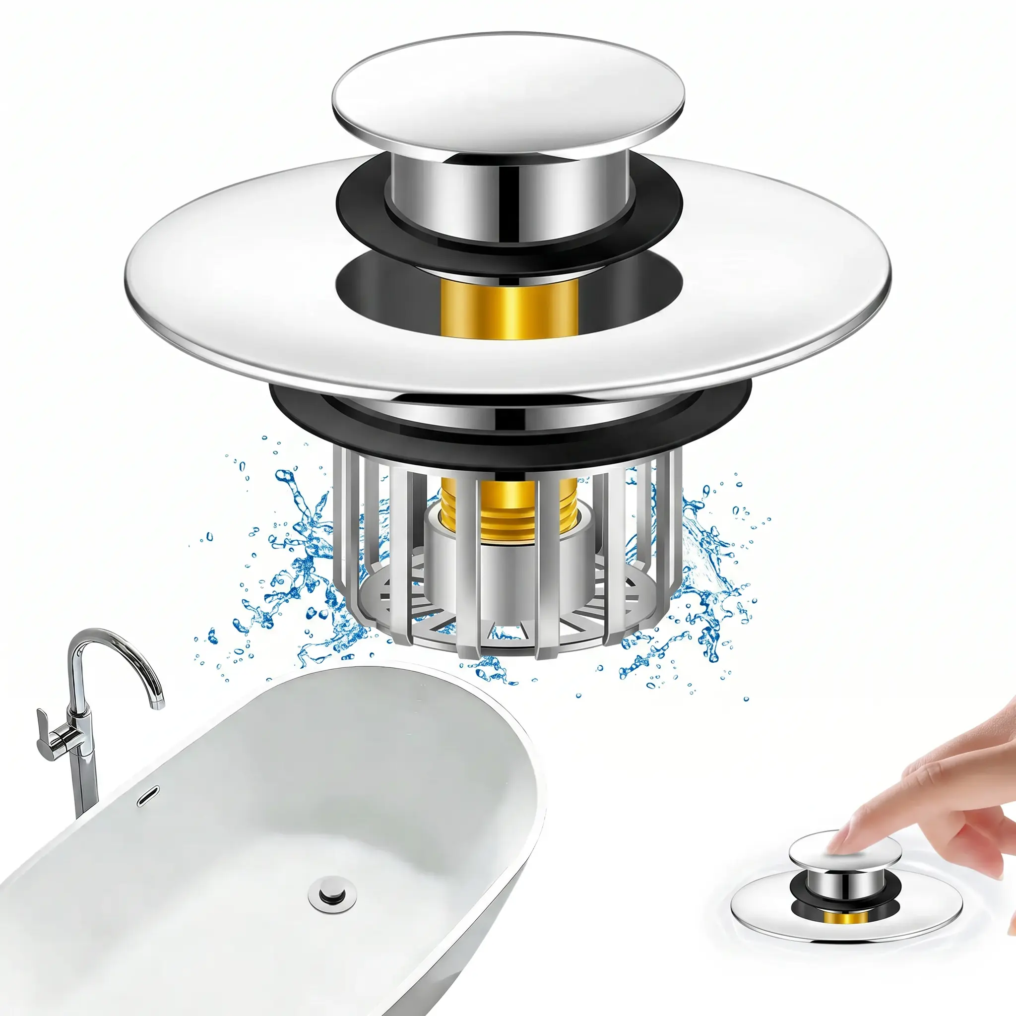 3-in-1 Pop-Up Bathtub Drain Stopper with Hair Catcher, Detachable Filter Basket, Anti-Clogging Tub Plug, Chrome Drain Protector Fits 1.45-1.8" Drain Holes