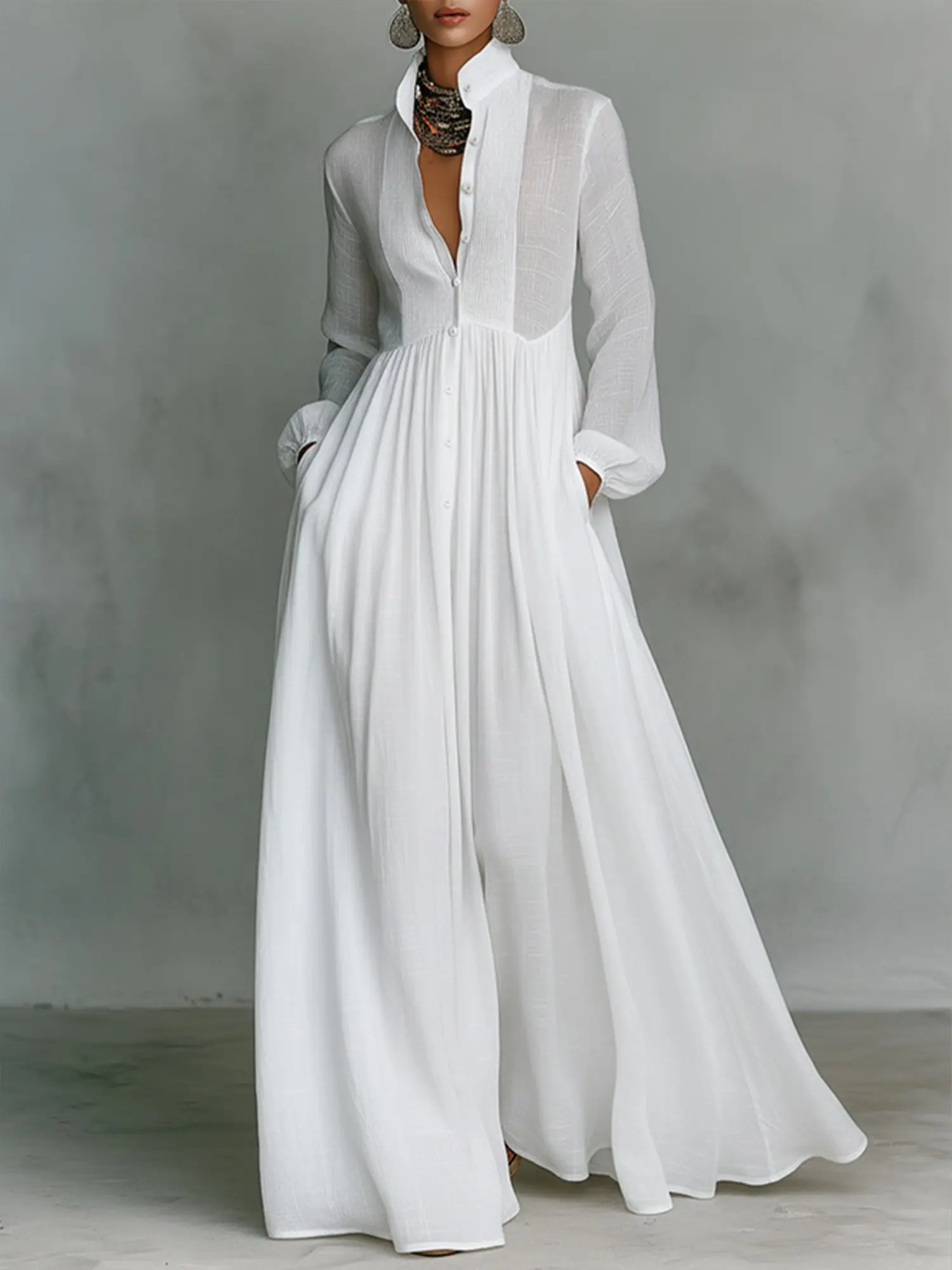 Women's Casual Elegant Solid Color A-Line High Waisted Buttoned Pleated Pockets Split-Joint Stand Collar Long Sleeve Shirt Dress Maxi Dress