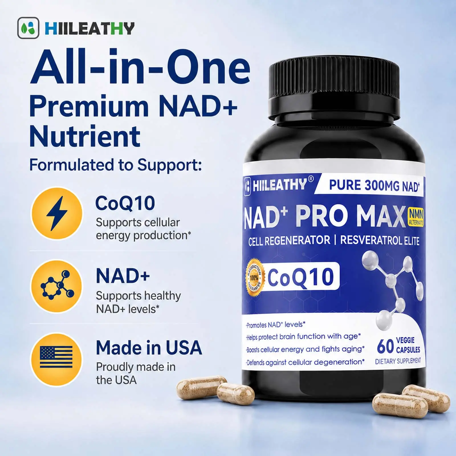 HIILEATHY NAD+ Pro Max 300mg | NAD+, CoQ10, Resveratrol & Black Pepper | Dietary Supplement Daily Wellness Tablets Edible