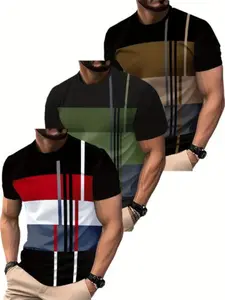 3-Pack Men's Fashion Short Sleeve T-Shirts, Colorblock Design, Casual Fitted Round Neck Tops, Summer Breathable Comfortable Clothing, Menswear, Casual Trendy Tee