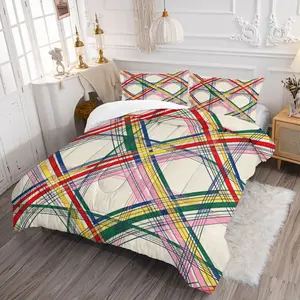 2/3pcs,Colorful Geometric Plaid Comforter Set, 2/3pcs Polyester Fiber Wadding, Us Twin Queen King Sizes, Soft & Durable Design