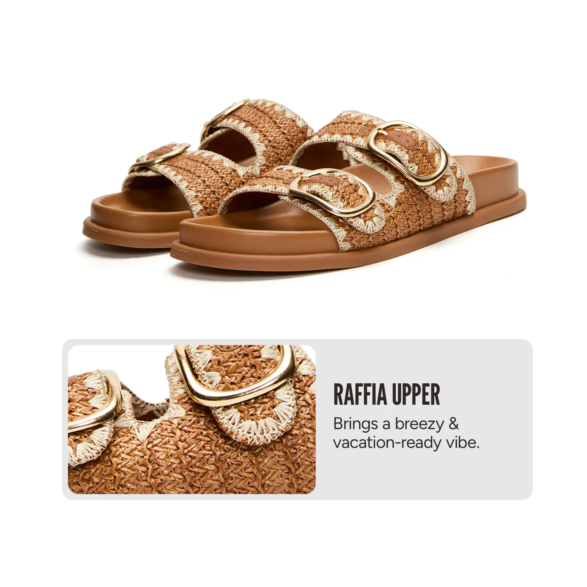 JUST FAB Women's Raffia Straw Two-Strap Slide Sandal Open Toe Slides, Slip On Sandals for Summer Adjustable Double Buckle Raffia Sandals Beach Resort, Vacation & Daily Casual Comfortable Lightweight Breathable Shoes for Daily Wear