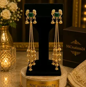Classy Kashmiri Earrings with Bird Detailing Gold Tone with Green Stone and Bell Charms
