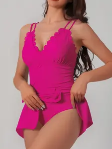 Women's Solid Color Tie Back One-piece Swimsuit, Casual Fashion Swimwear for Beach Holiday Vacation, Ladies Swimsuit for All Seasons, Summer Swimsuit, Summer Beach Swimdress, Spaghetti Strap Swimsuit, Trendy Monokini Swimsuit, Solid Ruched Swimsuit