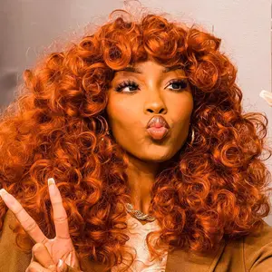 Synthetic Heat Resistant Wigs Bouncy Curls Wigs with Bangs Copper Ginger 18 inch Curly Wig Daily Used Easy to Wear Beginner Friendly Big Bouncy Fluff Curly Wigs Christmas Costume Wig.