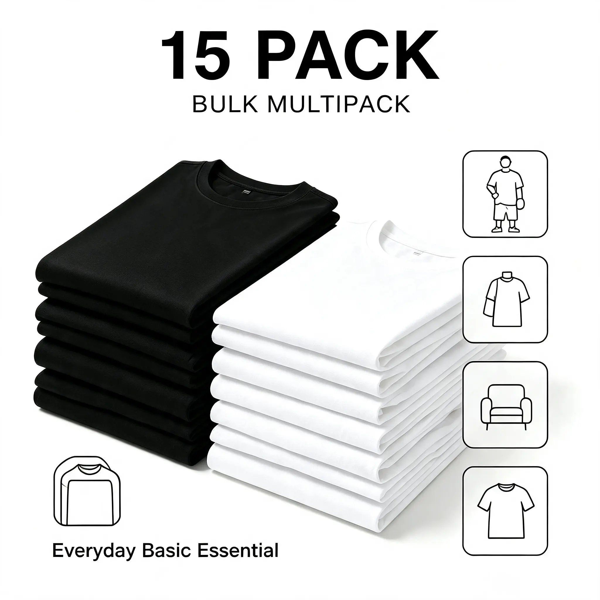 Menswear Unisex Crew Neck Short Sleeve Cotton T-Shirts, 15-Pack Basic Tops (8 Black + 7 White), Soft Breathable, Casual Daily Wear for Men Women, S-3XL summer tee premium