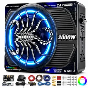【fathersdaygift】TANVSO 2000W 10 Inch Underseat Car Subwoofer and Amp Package, Slim Powered Under Seat Sub with Built-in Class D Amp, RGB Beat-Synced Light, Low Pass Filter, Bass Boost for Truck SUV Speakers li fire