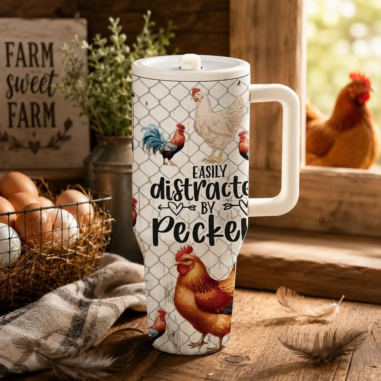 1 Pc 40oz chicken insulated Stainless Steel tumbler mug, Vacuum insulated tumbler, double wall, leak proof, handle, for hot cold drinks, keeps hot 12h cold 24h, farmhouse hen print, gift for men women, office gym travel daily use, Insulated Water Cup
