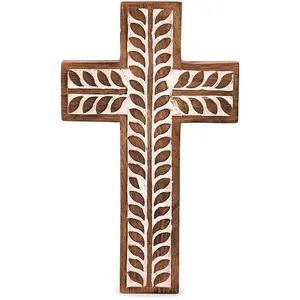 NIRMAN Mango Wood Catholic Cross Wall Hanging with Floral Carvings - Elegant Home Décor for Living Room, Entryway, or Office (10" X 6" X 0.75")