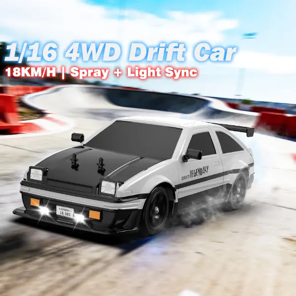 1/16 Scale 4WD RC Drift Car 18KM/H High Speed Remote Control Racing Car with 2 Batteries, Smoke Spray & LED Light, 2.4GHz Hobby Toy Vehicle for Kids Adults Beginners