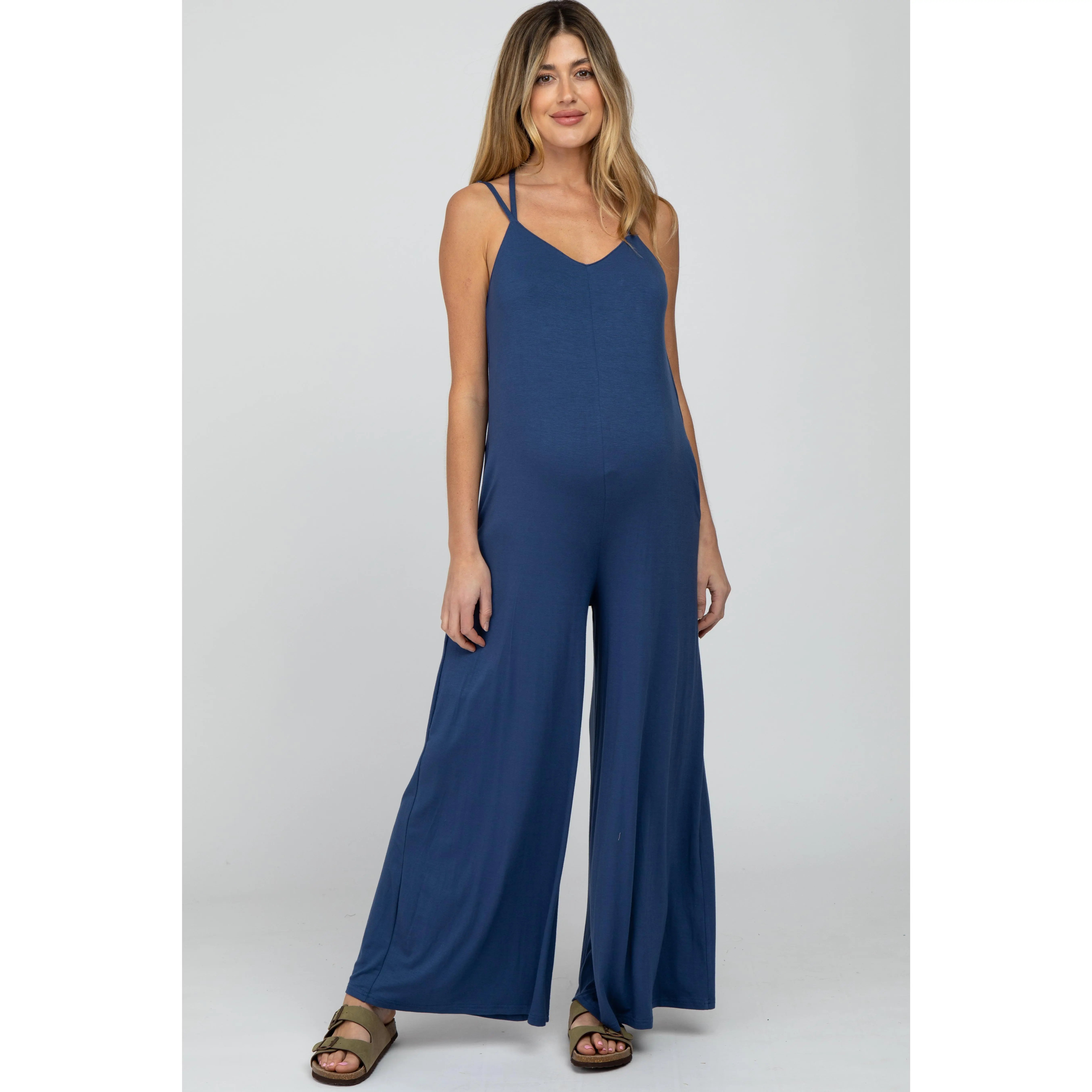 Women's Blue Cross-Back Sleeveless Wide Leg Maternity Jumpsuit, Pregnancy Outfits with V-Neck, Adjustable Straps for Dressing the Bump