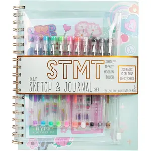 D.I.Y. Sketch & Journal Set, 200-Page Spiral-Bound Unlined Notebook, Includes 10 Gel Pens, Holographic Stickers, and Storage Pouch, Cute Sketchbook & Diary, Girls Journal Kit