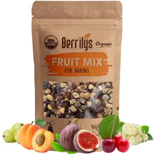 Berrilys Dried Fruit Mix, Organic, Diced Figs, Diced Apricots, White Mulberries, Sultanas, Sour Cherries, No Sugar Added, Trail Mix for Baking and Snacking
