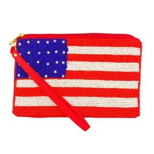 USA Flag Beaded Wristlet Western Purse Adjustable Strap Purse