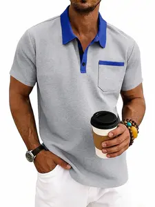 Men's Summer Waffle Texture Polo Shirt, Loose Fit Colorblock Pocket Design, Casual Commuter Turn-Down Collar Short Sleeve