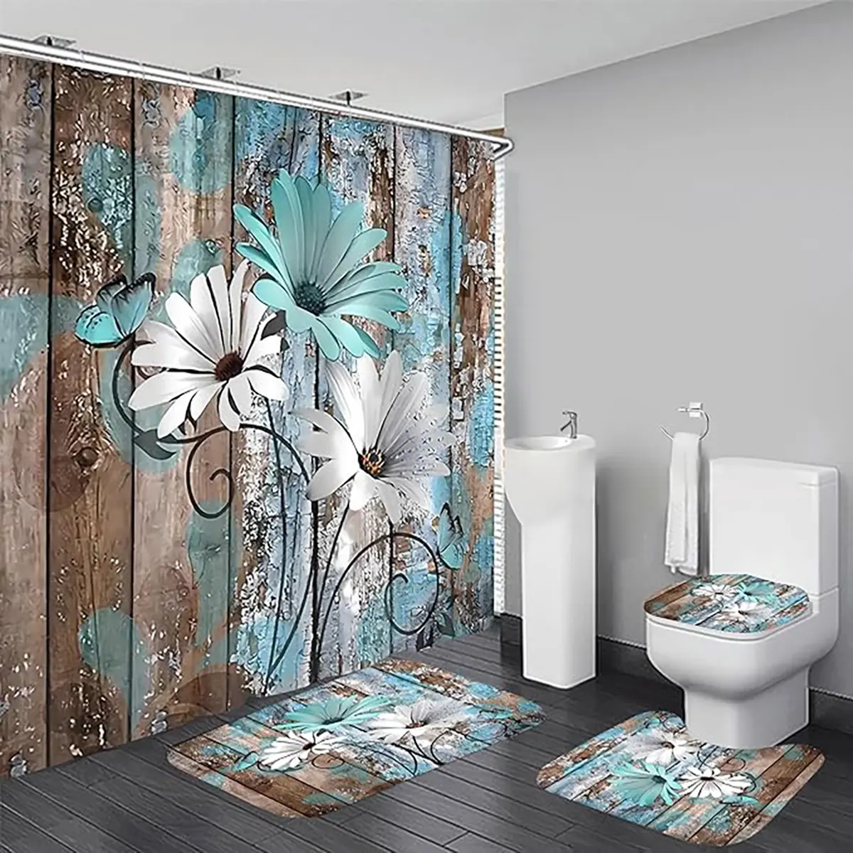 1/4pcs Retro Farmhouse Style Blue and White Daisy Design Shower Curtain Set, Bathroom accessory, bathroom decoration accessories, includes non-slip mat, U-shaped rug, and toilet seat cover, Perfect for bathroom decoration, Home Goods, Restroom