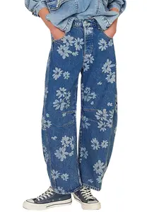 Ebossy Women's Retro Floral Print Barrel Jeans Mid Rise Wide Leg Baggy Boyfriend Horseshoe Denim Pants