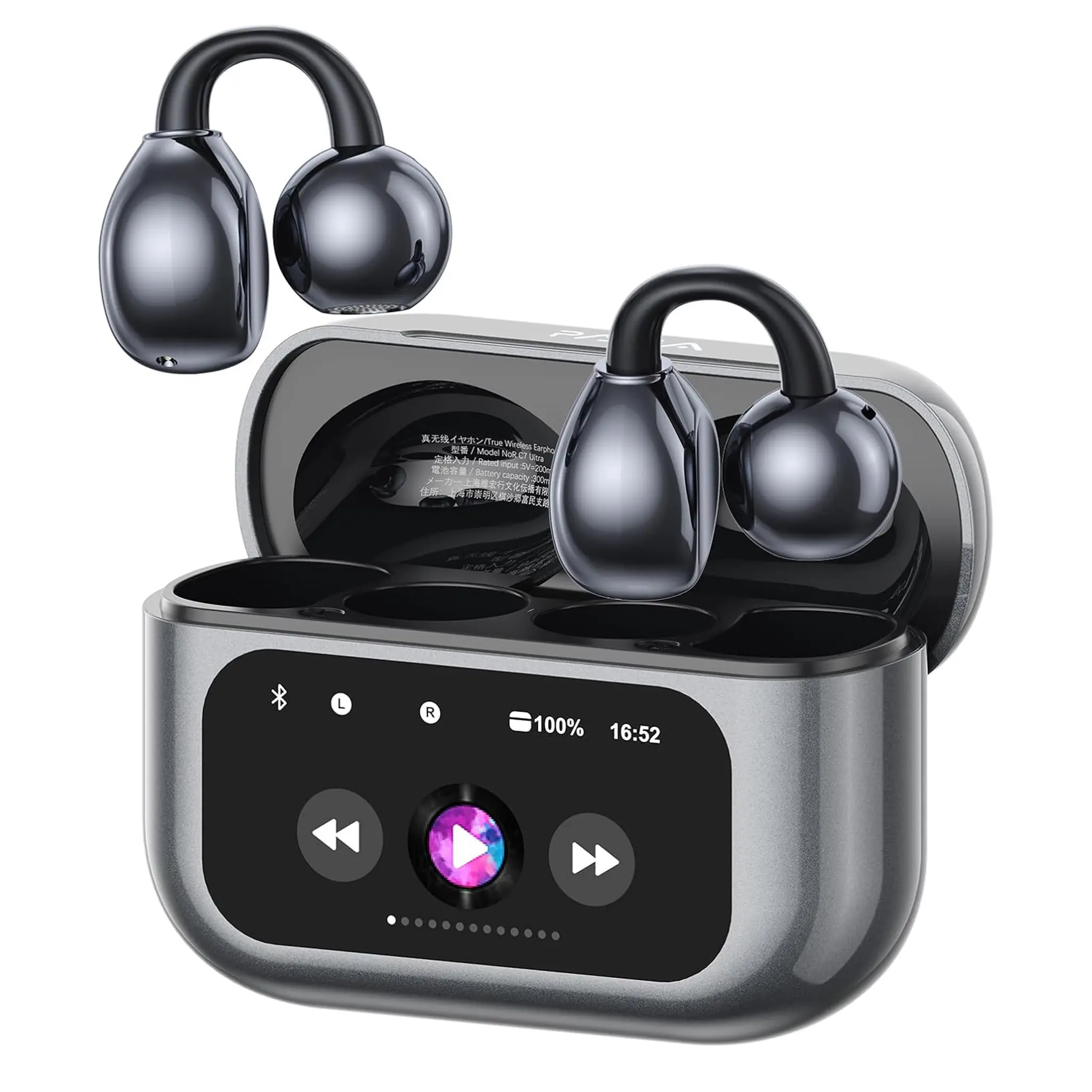 Clip On Earbuds with Touchscreen Case , Wireless Open Ear Headphones for Glasses Small Ears,Bluetooth 6.0 Support 175 Languages No Subscription , 40h Battery Life，Lightweight 4.1g, IPX7 Waterproof , Earbuds for Running Work Out,Black