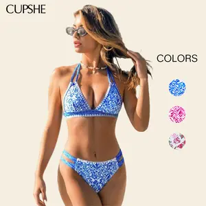 CUPSHE Boho Shell Stitch Bikini Sets | 2026 Mediterranean Blue Halter Two Piece Swimsuit | Trendy Cheeky Bottoms & Supportive Removable Cup Bathing Suit Bathing suit #SummerVibes