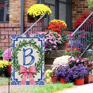 Garden Flag with Boxwood Wreath and Pink Bow Initial Design Material Ideal for Spring Easter Summer and Holiday Outdoor Decoration
