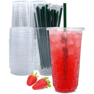 32 oz Clear Plastic Cups with  and Straws, Disposable Coffee Cups 25 Sets