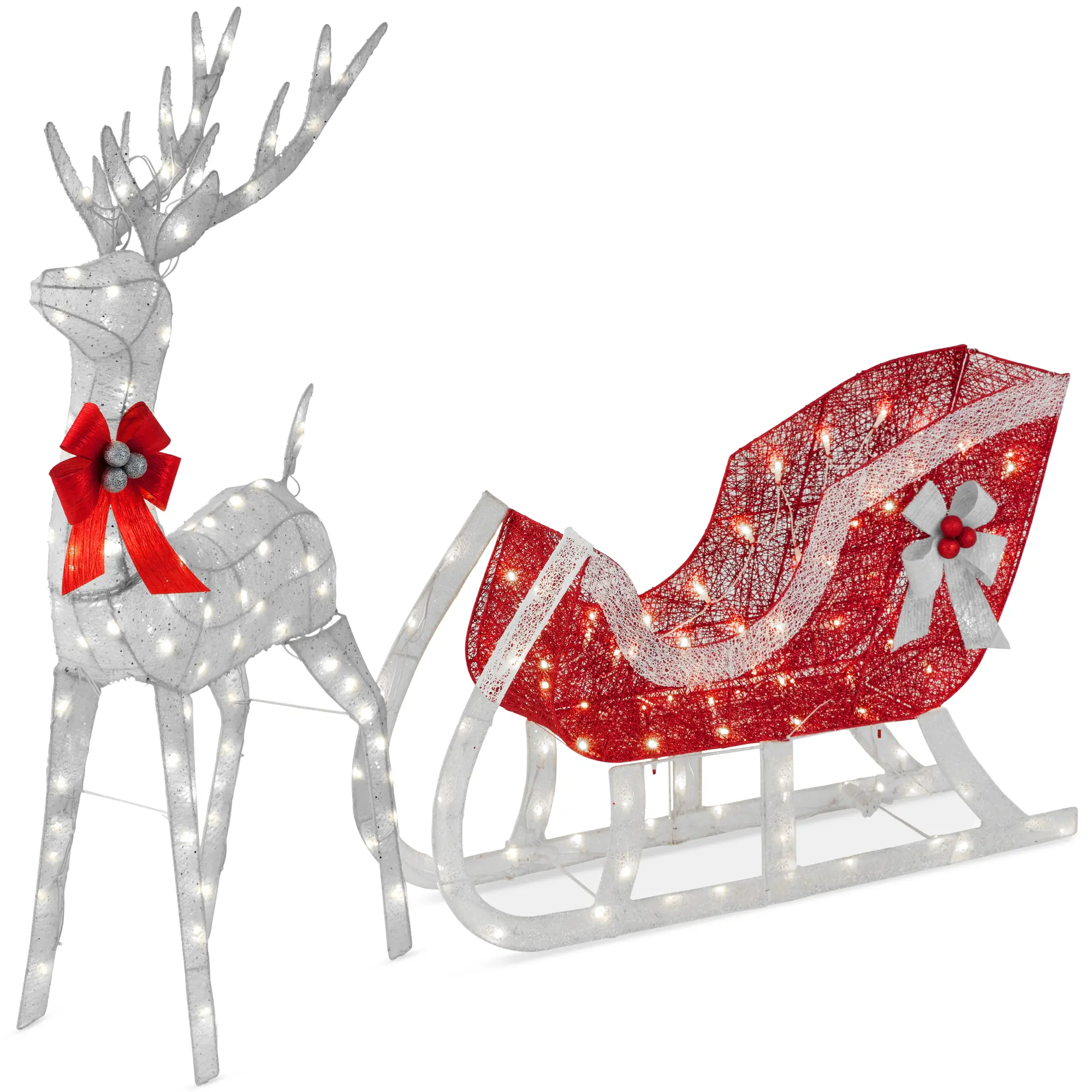 Best Choice Products Lighted Christmas Reindeer & Sleigh Outdoor Decor – 4ft & 5ft Sets w/ LED Lights in Gold, White, Silver & More