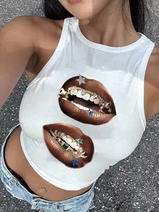 Women's Y2K Crop Tank Top, Brown Grill Lips Graphic Print Sleeveless Slim Fit Casual Streetwear For Summer Daily & Party Womenswear