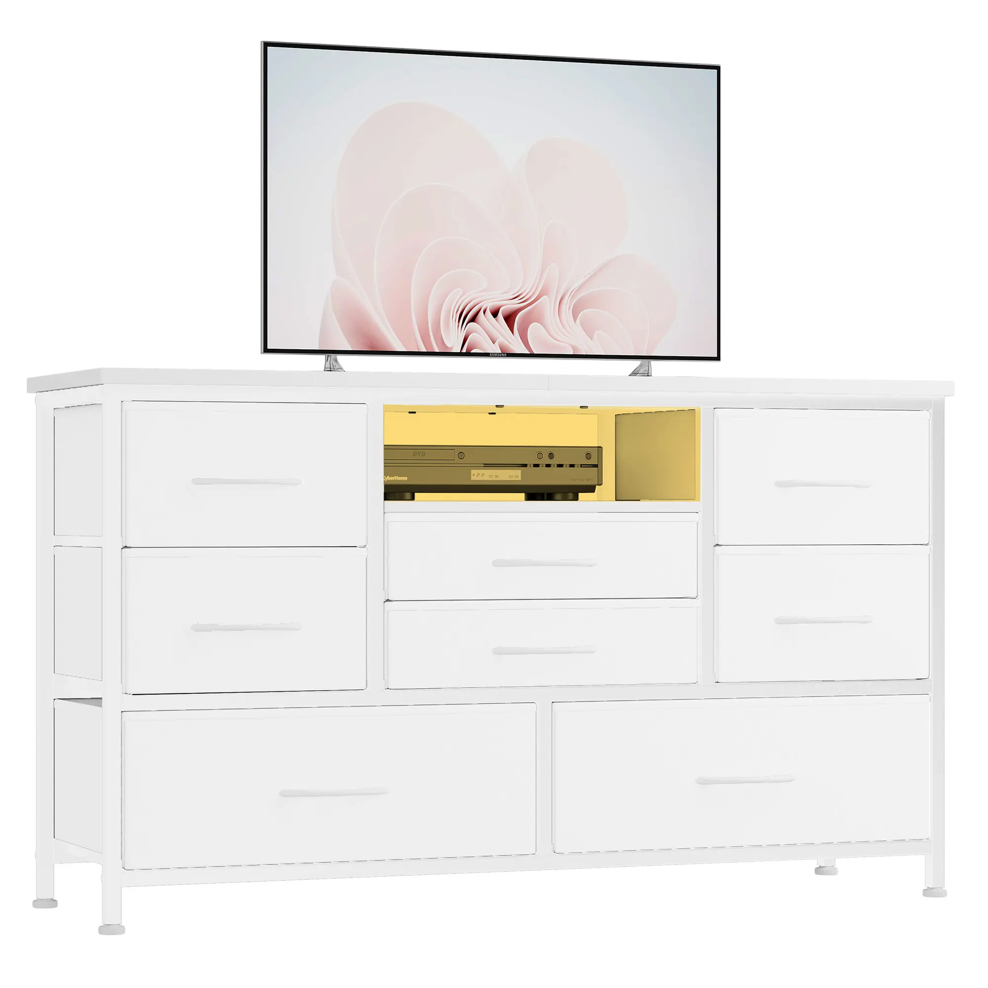 Modern 8-Drawer Fabric Dressers Chest - Modern Storage Dresser with LED Lights, Power Outlets, Sturdy Metal Frame, Solid Wood Top, Anti-Tip Safety Kit, TV Stand & Multimedia Centre for Living Room, Entryway