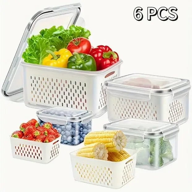 Plastic Food Sealing Containers with Double-Layer Perforated Draining Basket, Airtight Stackable Vegetable Storage Boxes for Kitchen Food Preservation, Freezing, Plastic Food Storage
