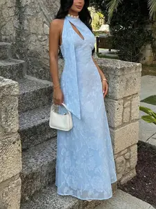 Women's Elegant Romantic Dignified Flared Hollow-Out Waist A-Line Dress, Suitable For Spring/Summer, Parties, Weddings, Guests, Bridesmaids, Birthdays, Dates, Beach Vacations, Light Blue Light Blue Long Dress Summer Elegant Dress