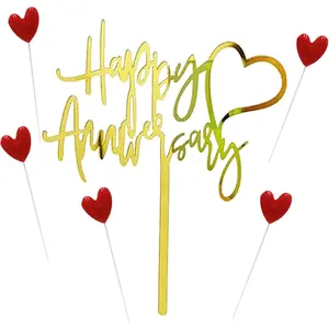 Happy Anniversary Cake Topper with One Gold Heart for Anniversary Party Cake Decorations