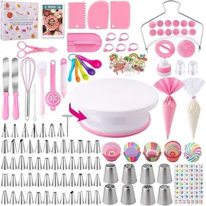 Baking Beginners Special 356-Piece Cake Decorating Tools Kit with Revolving Turntable, Piping Bag, Icing Tips, Fondant Molds, Spatula, Scraper, Food-Grade Safe Full Baking Set