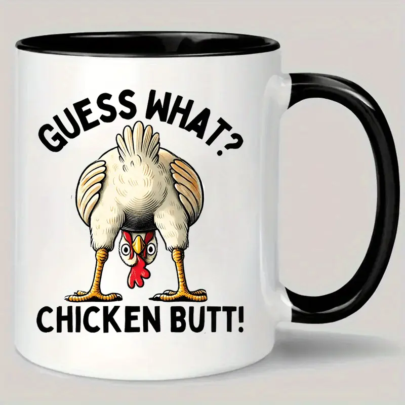 "Guess What? Chicken Butt!" 11oz Coffee Mug, Animated Rooster Graphic Reusable Insulated Contrast Color Cup, Funny Tableware Gift For Coffee Lovers Men Women