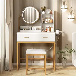 [SummerVibes] Vabches Modern Vanity Makeup Desk - White Small Bedroom Vanity with Round Lit Mirror, 3 Lighting Modes, Built-In Charging Station