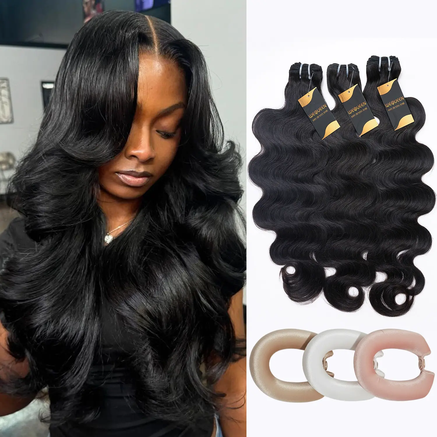 [Wequeen] 10-Min Ready Hairstyle Body Wave Human Hair Bundles with Free Flexi Rods, No-Heat Curl Kit for Versatile Styling
