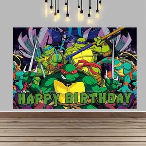 Cartoon Turtle Adventure  Hero Backdrop Cartoon Teenage Mutant Theme Boys Birthday Party Decoration Photo Banner Props