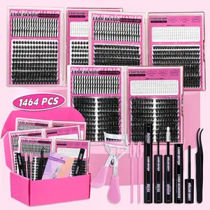 LASH SKYQD Mix Lashes Clusters Kit 1464Pcs With Bond&Seal Remover, Tweezers, Eyelash Curler, Lash Brush, Eyelash Tools,Bottom/Spike/Mega/Cat Lashes 3D Effect False Eyelash DIY Individual Clusters Perfect for Beginners & Proficient, DIY at Home Easily