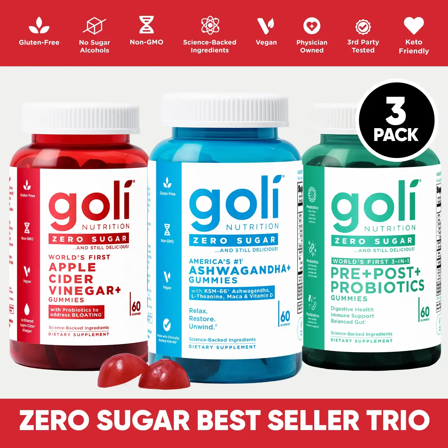 Goli Nutrition Zero Sugar 3 Pack Gummies Bundle | Apple Cider Vinegar, Ashwagandha, Pre+Post Probiotics, Gut Digestion