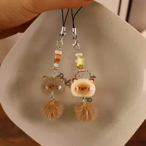2-piece set of cute little fluffy cat phone chains, bag accessories, pendant pendants, school bags, cute and creative cartoon phone cases, hanging chains, Phone Charm