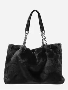 Women's Elegant Minimalist Fluffy Tote Bag, Tote Bags for School Casual Versatile Trendy Fuzzy Shoulder Bag with Chain Strap, 2025 New Tote Bag for Fall & Winter, Fashionable Shoulder Purse, Crossbody Tote Bag